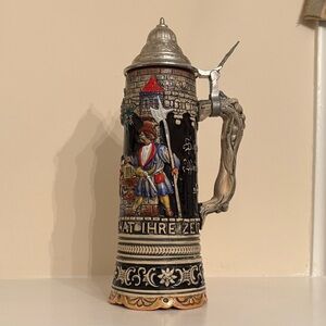 Traditional German Ceramic Beer Stein with Pewter Lid
